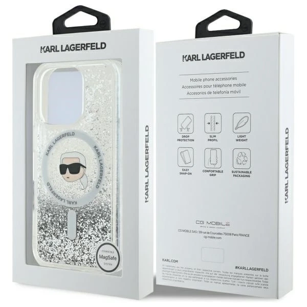 Etui Karl Lagerfeld pre iPhone 16 Pro Max 6,9" Magsafe Hardcase Transparentné tekuté trblietky Karl Head