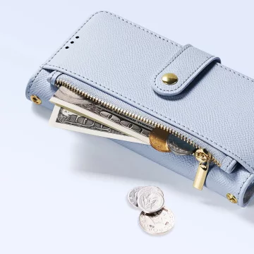 Etui skórzane do iPhone 16e Dux Ducis Lawa z portfelem MagSafe błękitne