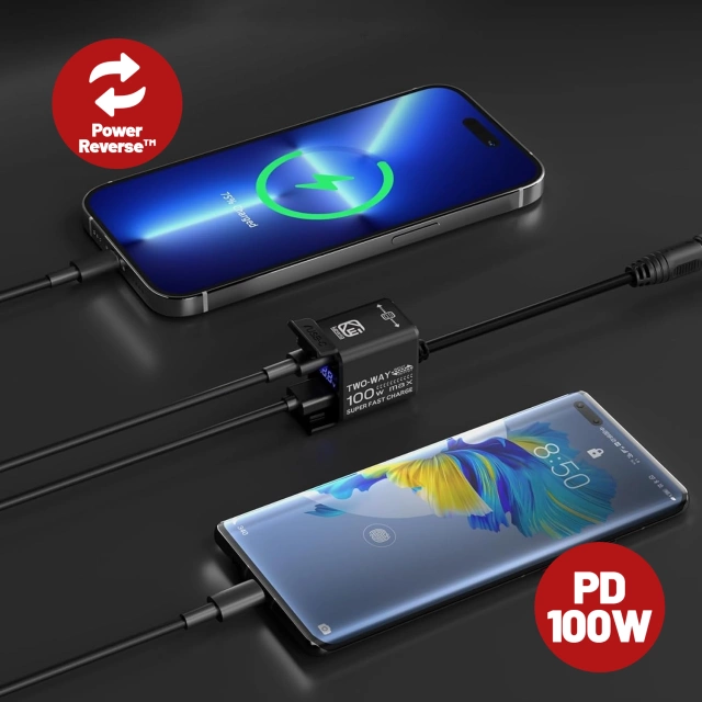 Kewig Motorradladegerät, universelles Aluminium-Ladegerät, 100 W, bidirektional mit Voltmeter, Schnellladefunktion über USB-A und USB-C, intelligent und wasserdicht – Schwarz