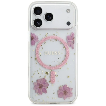 Etui Guess MagSafe do iPhone 17 Pro Max Resin Flowers Glitter Pink
