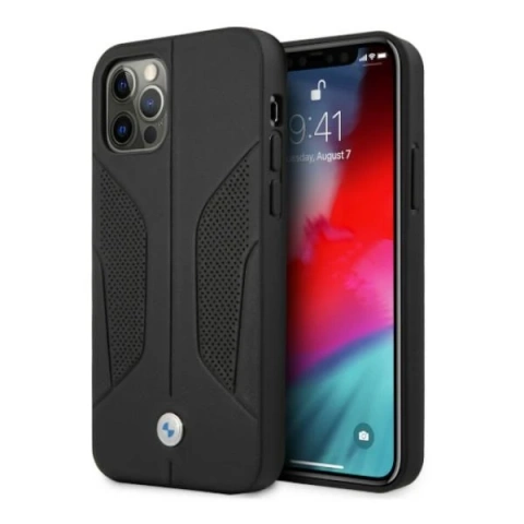 Etui na telefon BMW BMHCP12LRSCSK do Apple iPhone 12 Pro Max 6,7" černé/černé pevné pouzdro Kožené perforované strany