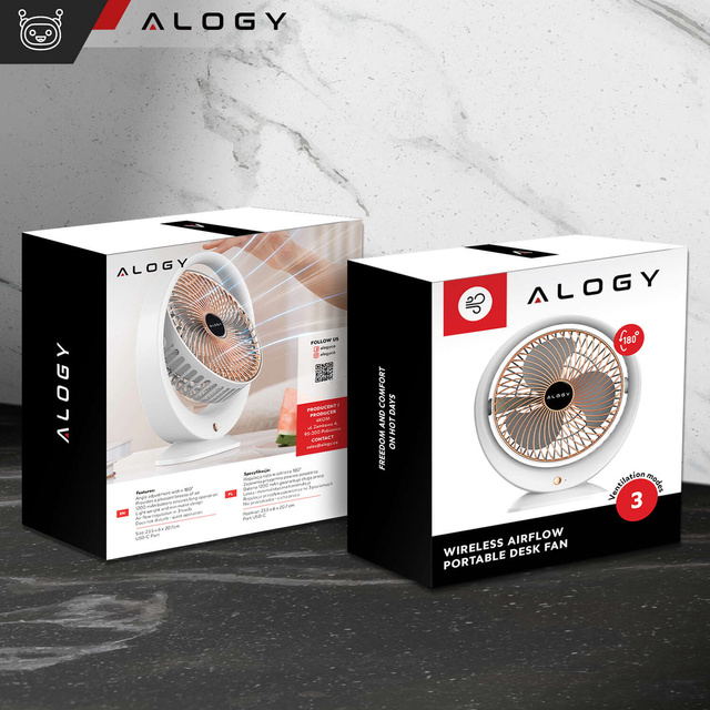 Stolný ventilátor stojaci výkonný malý prenosný bezdrôtový 1200mAh USB-C Alogy White