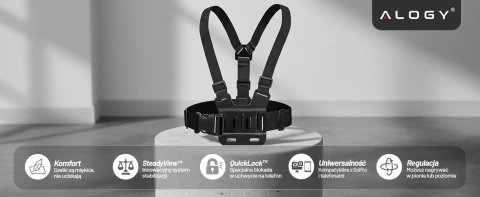 Sportovní úvazek Alogy Hrudní držák na kameru, GoPro kamery, univerzální telefon Black