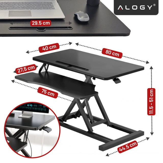 Standing desk with pneumatic lift 60×80 cm - height adjustment 11–51 cm, two-level, foldable, ideal for home office - Alogy LiftDesk™ Black