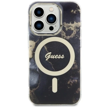 Obal na telefón Guess GUHMP14LHTMRSK do Apple iPhone 14 Pro 6,1" čierny/čierny pevný obal Golden Marble MagSafe