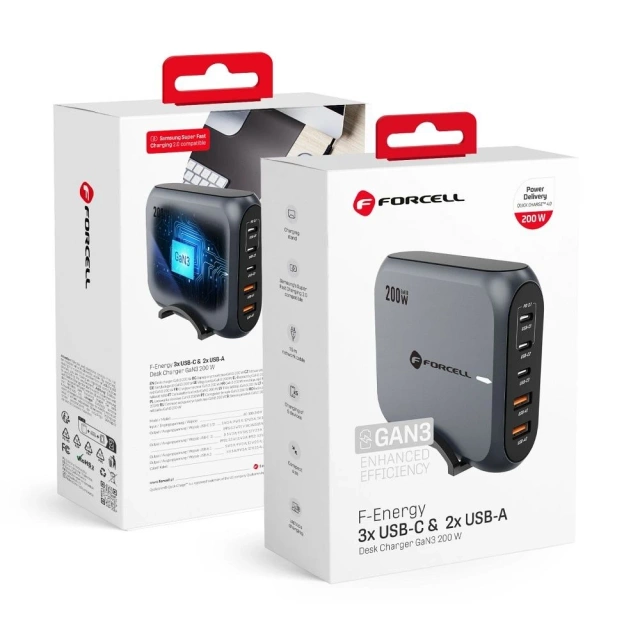 Stolní nabíječka Forcell GaN III 200W 3xUSB-C 2xUSB-A PD QC SFC