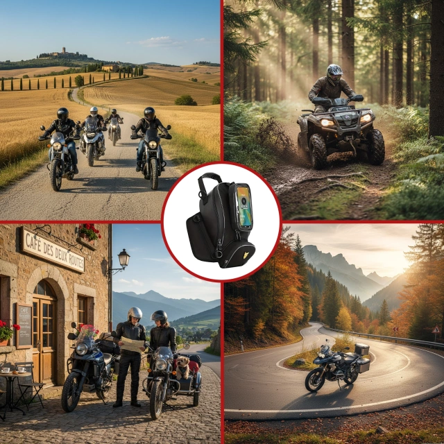 Motorradtasche mit abnehmbarer Handyhülle, wasserdichte Motorradtasche mit Fächern und Tankhalterung, geräumig und robust, MotoRider™ – Schwarz