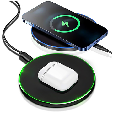 QI wireless inductive charger 15W fast LED Alogy round for iPhone USB-C cable Black