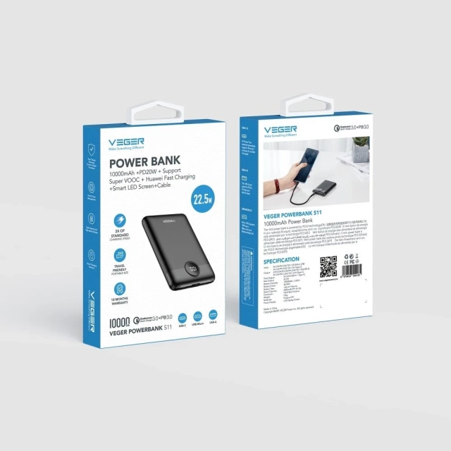 Powerbanka Externá batéria (POWER BANK) VEGER S11 - 10 000mAh LCD Quick Charge PD 22,5W čierna (W1140)