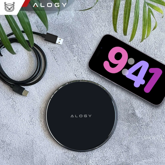 QI bezdrátová indukční nabíječka 20W rychlá LED Alogy kulatý silný USB-C kabel Černý