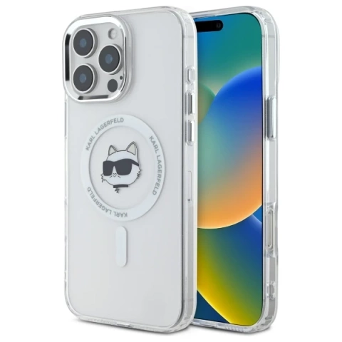 Puzdro Karl Lagerfeld pre iPhone 16 Pro Max 6,9" biele pevné puzdro MagSafe IML s kovovou hlavou Choupette Head