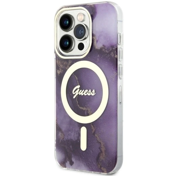 Postavené na telefóne Guess GUHMP14LHTMRSU pre Apple iPhone 14 Pro 6,1" fialové/fialové pevné puzdro Golden Marble MagSafe