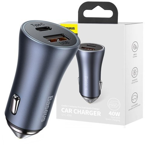 Baseus USB Car Charger USB-C QC3.0 PD 40W Gray