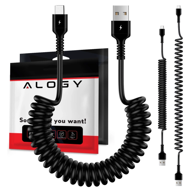 Alogy Spiral-Autoladekabel 66W 5A 150cm USB auf USB-C schwarz