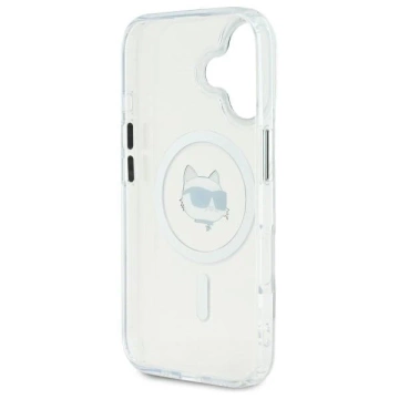 Karl Lagerfeld Hülle für iPhone 16 6,1" Weißes Hardcase IML Metall Choupette Head MagSafe