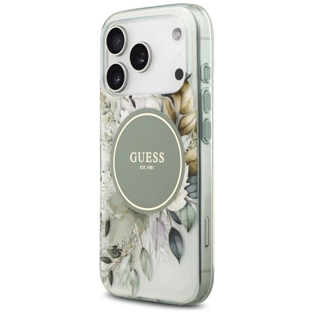Etui Guess IML Flower & Tonal Circle MagSafe na iPhone 17 Pro Max - Zielone