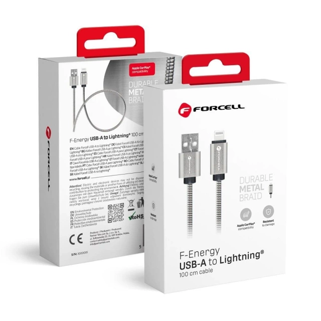 Kabel USB-A na Lightning 12W 1m Forcell Stalowy Apple iPhone iPad