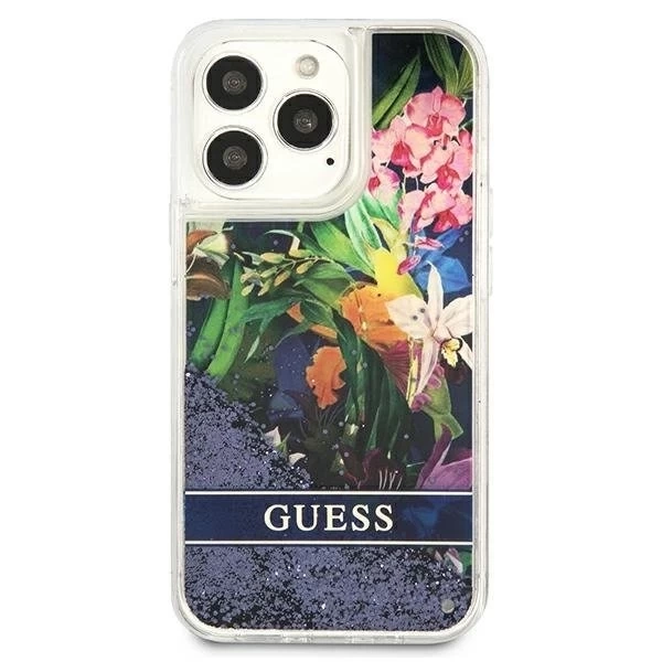 Guess GUHCP13XLFLSB iPhone 13 Pro Max 6,7" niebieski/modrý pevný obal Flower Liquid Glitter