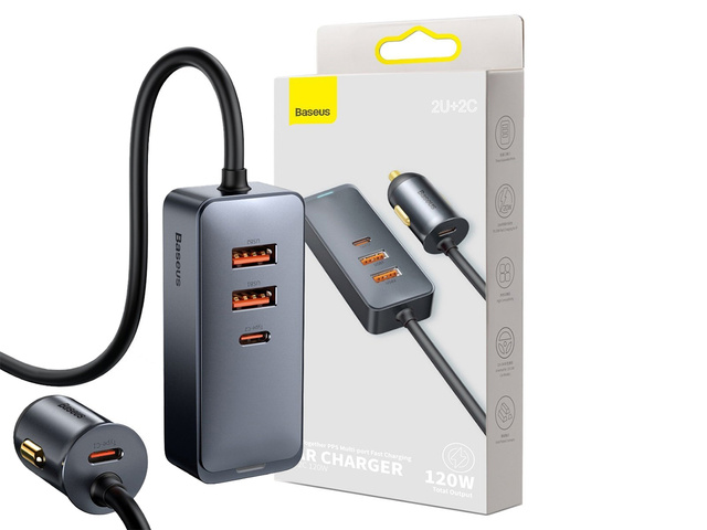 Baseus Share car charger with 2x USB 2x USB-C extension cable 120W Gray