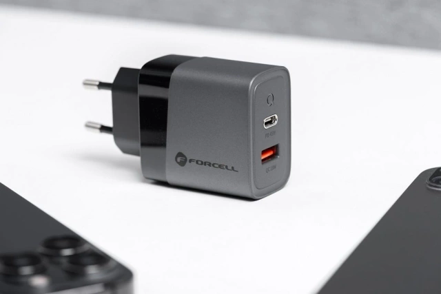 Nabíječka Forcell GaN 45W USB-C USB-A PD QC SFC do zásuvky, šedá