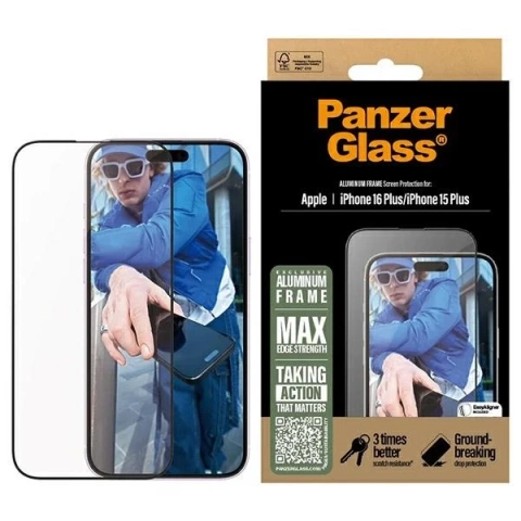 Tvrdené sklo pre iPhone 16 Plus PanzerGlass Ochranné sklo s hliníkovým rámom Ultra-Wide Fit s hliníkovým rámom