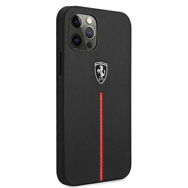 Puzdro na telefón Ferrari iPhone 12 Pro Max čierno/čierne pevné puzdro Off Track Leather Nylon Stripe