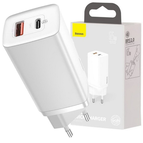 Ładowarka sieciowa szybka Baseus GaN2 Lite USB + USB-C 65W EU Biała