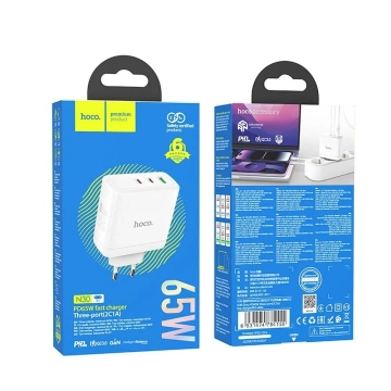 HOCO 2 x Typ C USB A QC PD 65W GaN Wandladegerät Weiß