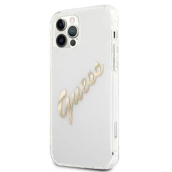 Guess GUHCP12MKTRSVGO iPhone 12/12 Pro 6,1" průhledný pevný obal Vintage Script Gold