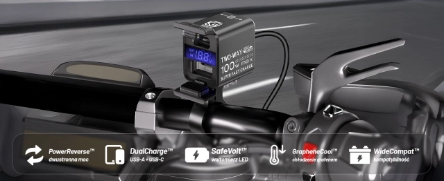 Kewig Motorradladegerät, universelles Aluminium-Ladegerät, 100 W, bidirektional mit Voltmeter, Schnellladefunktion über USB-A und USB-C, intelligent und wasserdicht – Schwarz