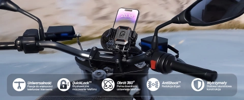 Držák na motorku KEWIG M11B pro telefon s QC 3.0 15W Qi nabíječkou černý