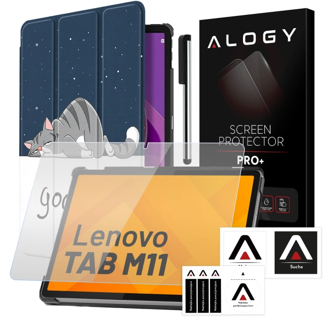Lenovo Tab M11 10.95" TB330FU / TB330XU / TB331FC Tablet Case Alogy Book Cover Sleeping Cat Glass Stylus