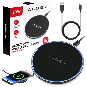QI bezdrátová indukční nabíječka 20W rychlá LED Alogy kulatý silný USB-C kabel Černý