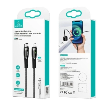 USAMS pletený kabel USB-C na Lightning Smart Power-off 20W PD kabel 1,2 m černý