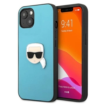 Karl Lagerfeld KLHCP13SPKMB iPhone 13 mini 5,4" niebieski/modré pevné puzdro Kožené Ikonik Karl`s Head Metal