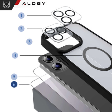 Hülle für iPhone 15 Pro Gehäuse Case 2x Bildschirmglas und 2x Linsenring gepanzert Alogy 360 Hybrid Set 6in1 schwarz und transparent