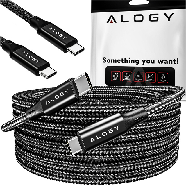 Kabel USB-C typu C silný rychlý 60W PD 1M pro iPhone 15/Pro/Max nylonový kabel Alogy Black