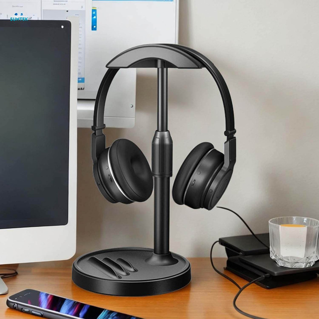 Desk Stand Headphone Hook Holder Adjustable for Desk with Phone Stand Hanger Hook Alogy Black
