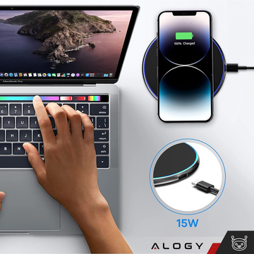 QI wireless inductive charger 15W fast LED Alogy round for iPhone USB-C cable Black