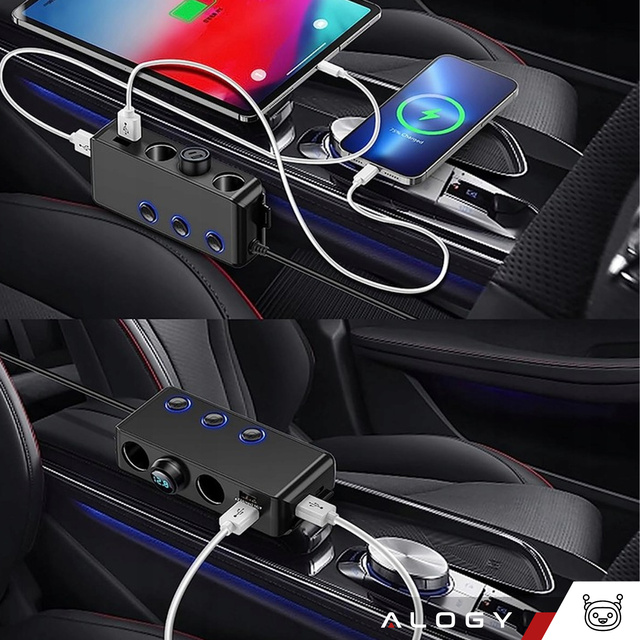 Розгалужувач розетки прикурювача x3 Автомобільний 4x USB QC 12-24V Зарядний пристрій Перехідник перемикач 120W Alogy Black