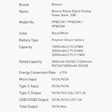 Powerbanka s rychlým nabíjením Baseus Bipow 10000mAh 20W bílá (Overseas Edition) USB-A - Micro USB kabel 0,25m bílý (PPBD050502)