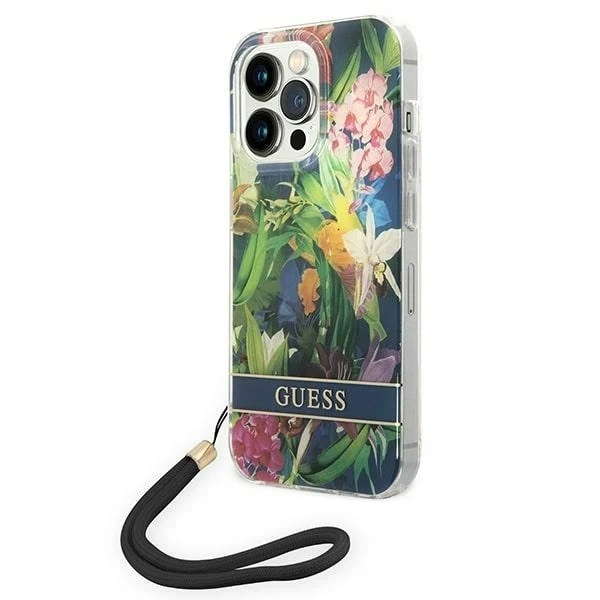 "Etui Guess GUOHCP14XHFLSB iPhone 14 Pro Max 6,7" niebieski/modré pevné puzdro Flower Strap"