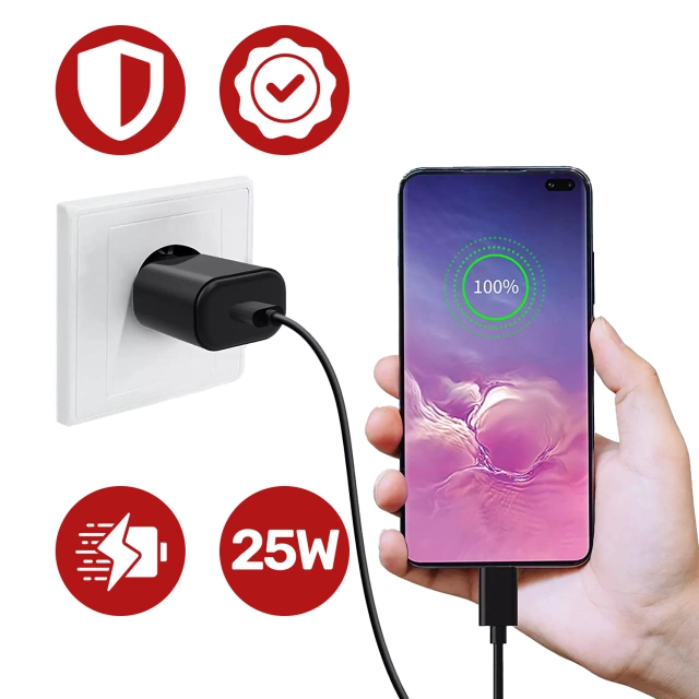 Ładowarka Sieciowa Oryginalna Samsung USB-C 25W + Kabel USB-C 1.8 m, Super Fast Charge, Szybkie Ładowanie, Zestaw Premium – Czarna
