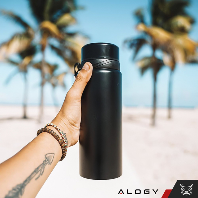 Termos butelka bidon termiczny 1l do kawy herbaty yerba mate z zaparzaczem sitko duży Alogy stal czarny + Szczotka do mycia