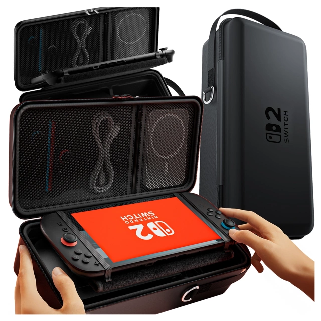 Ochranné puzdro na Nintendo Switch 2 2025, veľké tvrdé EVA puzdro, vodotesné, ľahké, s rúčkami, Alogy HardFoamBag™ - čierne, 2X tvrdené sklo