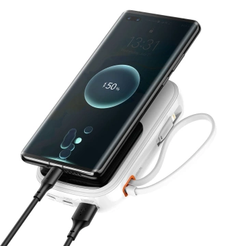 Powerbanka s rychlým nabíjením Baseus Qpow Digital Display 20000mAh 20W QC/PD/SCP/FCP s vestavěným Lightning kabelem bílá
