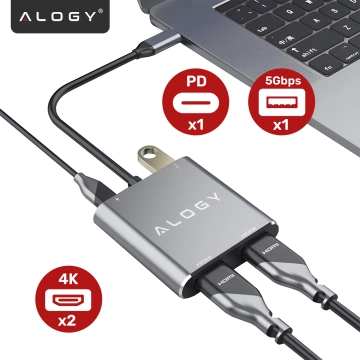 HUB-Splitter Alogy-Adapter für Computer-Laptop mit USB-C auf 3x USB-A 2.0 1x USB-A 3.0 Grau