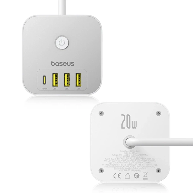 Kostka zasilająca Baseus PowerCombo 7w1 4000W 20W USB-C Biała