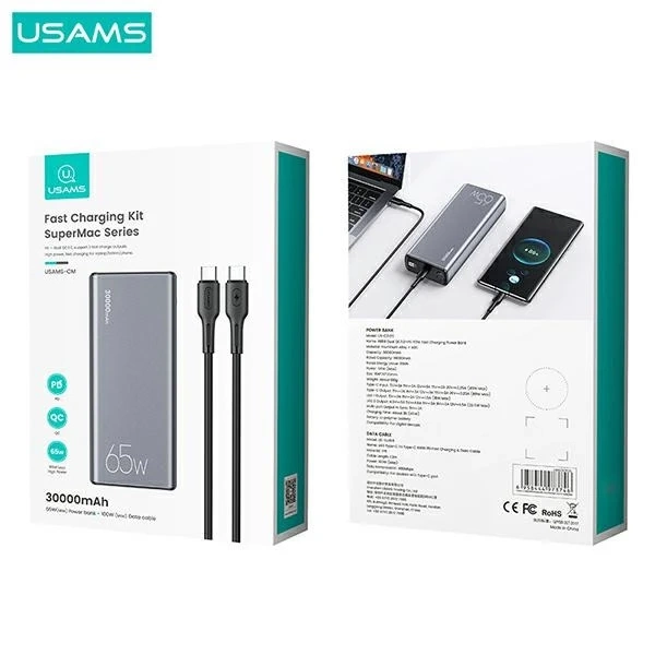 USAMS Powerbank PB59 30000mAh 65W 2xQC3.0 PD Fast Charge czarny/black CMXLOGTC01 (US-CD165) кабель USB-C-USB-C