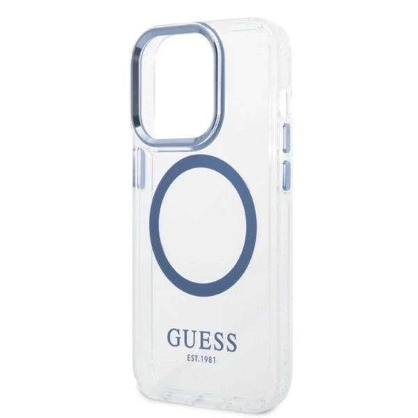 Etui Guess GUHMP14LHTRMB do iPhone 14 Pro 6,1" niebieski/blue hard case Metal Outline Magsafe